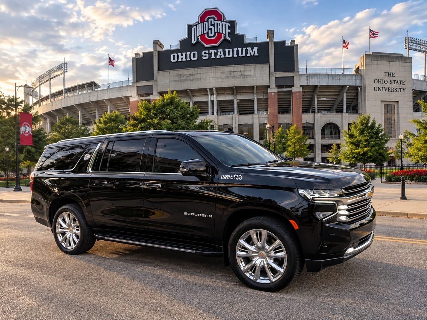 513 Black Car Rental Chevrolet Suburban High Country parked in front of Ohio Stadium at The Ohio State University in Columbus